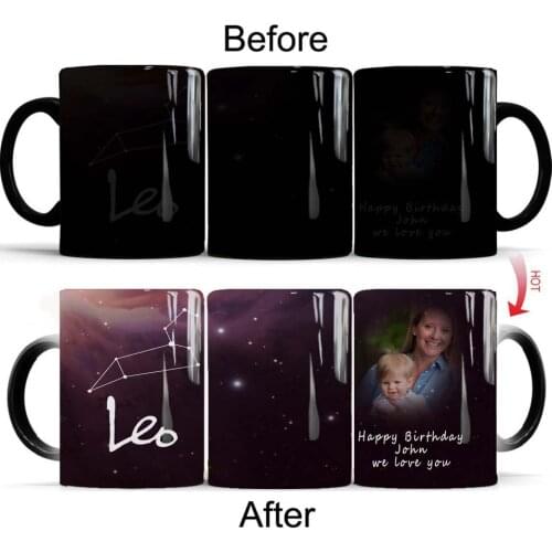 Customize Photos and Text Name Constellation Leo Mug 11oz Magic Ceramic Color Changing Coffee Mug Wife or Kids Birthday Gift