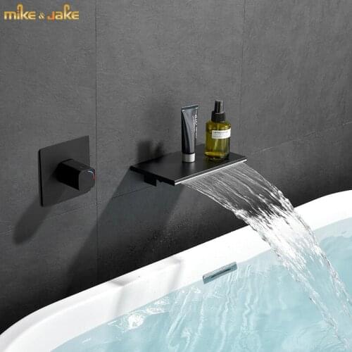 Matte black bathroom concealed wall faucet wall chrome brass waterfall tap hot and cold gray bathtub tap