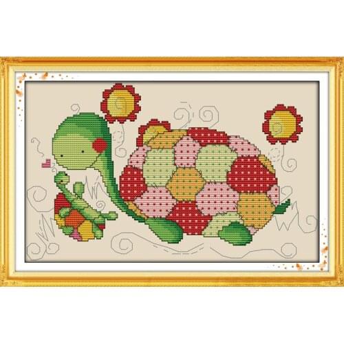 Tortoise father and son cross stitch kit cartoon animal 11ct count beige canvas stitches embroidery DIY handmade wall home decor