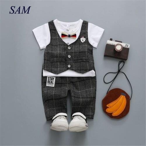2020 baby boys autumn gentleman clothing sets fake vest top + plaid shorts 2 pcs suit for children fashion kids clothes