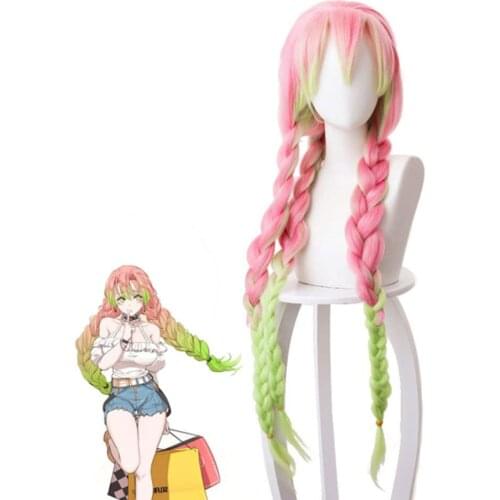 Demon Slayer Kanroji Mitsuri Cosplay Wig Kimetsu No Yaiba Costume Long Pink Mixed Green Braid Party Hair + Free Wig Cap Party