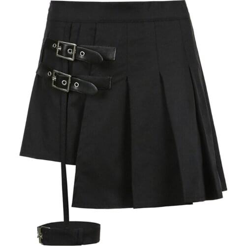 Gothic Punk High Waist Pleated Black Mini Skater Skirt Garter Thigh Ring Shorts Harajuku Buckle Belt Asymmetrical Party Clubwear