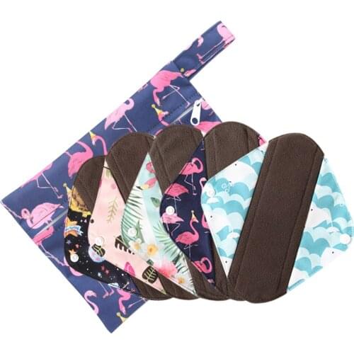 Free Shipping 5pcs Reusable Panty Liner with 1 Wet Bag, Waterproof Cloth Sanitary Pads, Menstrual Pad with Charcoal Bamboo Inner