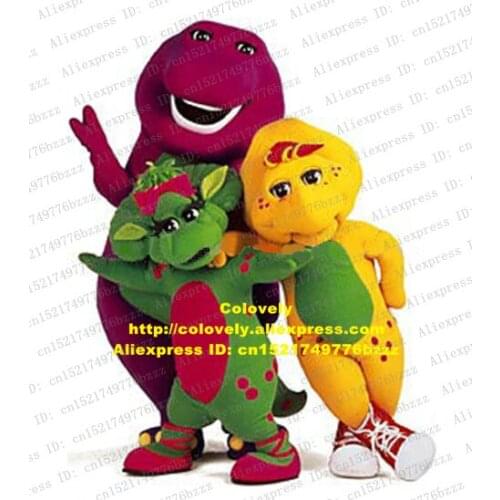 Quiet Green Yellow Purple Barney Baby Bop BJ Barneys Friends Dinosaur Dino Mascot Costume With Bright Eyes Short Tail No.8321