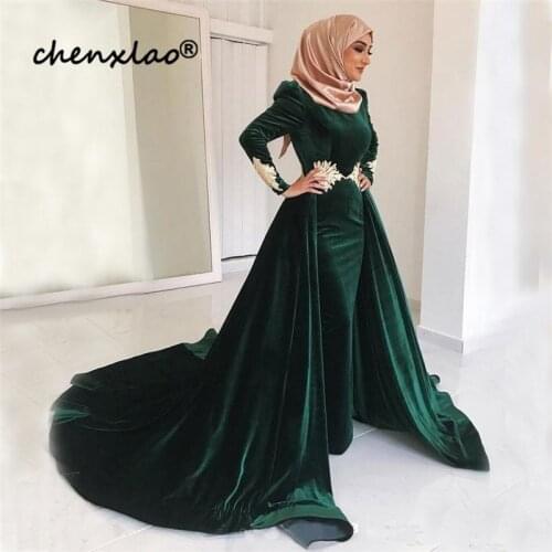 Green Muslim Evening Dresses Mermaid Long Sleeves Velvet Lace Islamic Dubai Saudi Arabic Long Evening Gown Prom Dress