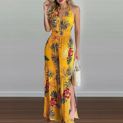 Hirigin Women Floral Print Sleeveless V-neck Halter Backless Slit WideLeg Jumpsuit Streetwear Summer Boho Long Playsuit Overalls