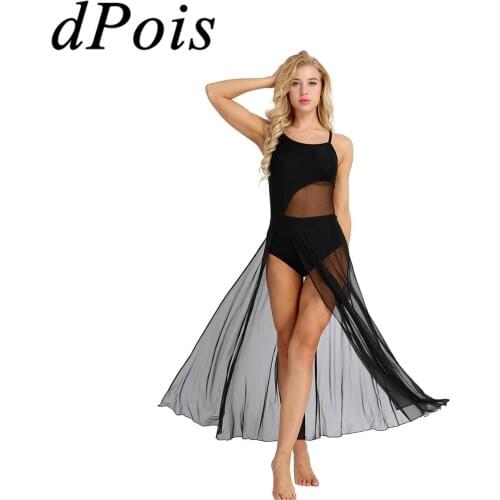Women Adult Ballet Dress Ballerina Modern Lyrical Dance Costumes Asymmetrical Mesh Maxi Skirt Dress Built-in Leotard Dancewear