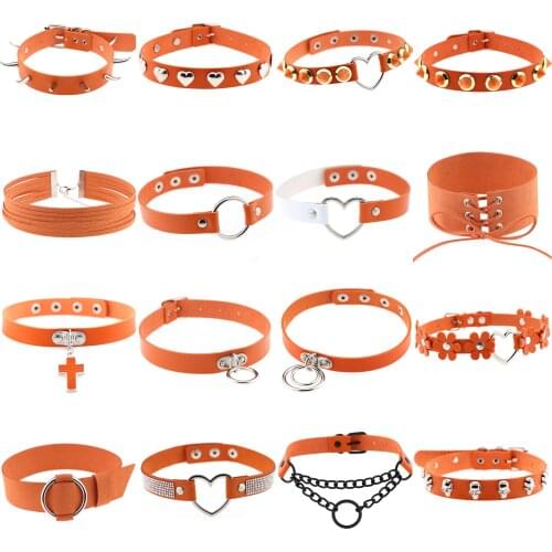 Women Orange Punk Choker Sexy Collar Necklace Pu Leather Goth Rivets Choker Necklace Chains Party Club Gothic Egirl Jewelry