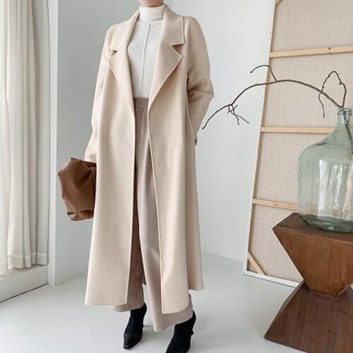 Women Woolen Mid-Length Coat Long Sleeve Turn-down Collar Loose Cardigan Outwear Top With Sashes 2021 Autumn Winter
