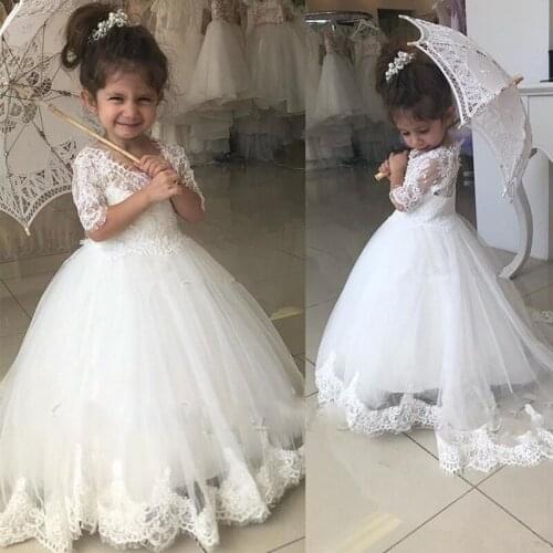 2021 NEW Design Hot Affordable White Long Sleeves Girls Princess Wedding Dresses Gowns Flower Girl Dresses With Train