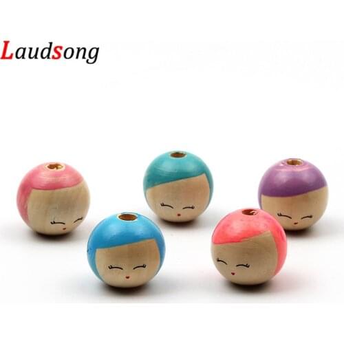 5pcs 25mm Natural Wood Beaded Russian Dolls Smile Round Wooden Spacer Loose Beads For Jewelry Making Diy