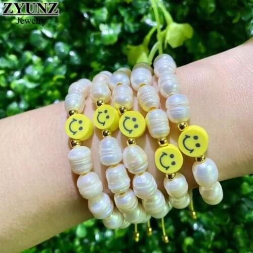 5PCS, Yellow Smiley Bead Bracelets for Women Jewelry Freshwater Pearl Beaded Bracelet Femme Fashion Jewelry