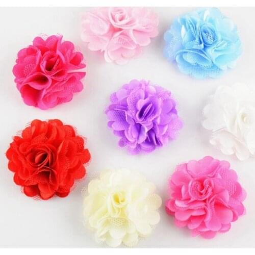 500pcs/lot 2' Hair Accessories Rosettes DIY Flowers Satin Silk Carnation Fabric Mesh Flower Flat back For Wedding Girl Headband