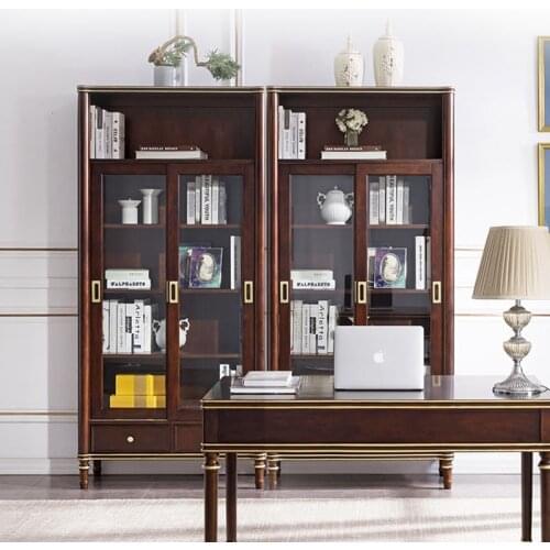 American Solid Wood Bookcase Study Furniture Sliding Door Bookcase Light Luxury Simple Multi-layer Storage Shelf