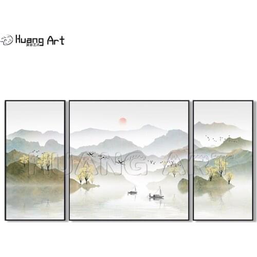 Pure Hand-Painted Chinese Style Mountain and Lake Ink Landscape Painting on Canvas for Decor Group Gold Landscapes Oil Paintings