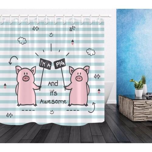 Kids Cartoon Pink Pig Polyester Shower Curtain Stripe Bathroom Waterproof Eco-Friendly Washable Fabric Bath Curtains Home Decor