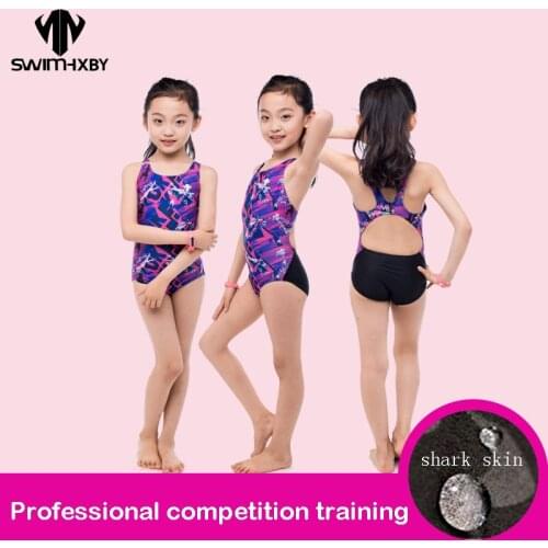 HXBY Childrens Professional Swimming Suit For Girl Competition Swimsuit For Girls One Piece Competitive Swimwear Kids Knee Swim