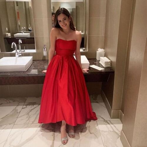 2019 Long Simple Red Evening Dress A-Line New Arrival Strapless Hi-Lo Formal Party Dresses Maxi Womens Prom Evening Gowns Cheap