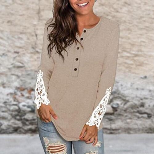 V-neck T-shirts Round Neck Comfortable Lace Button Top Casual Ladies Top Leisure Solid Color Top V Neck Long Sleeve Tee