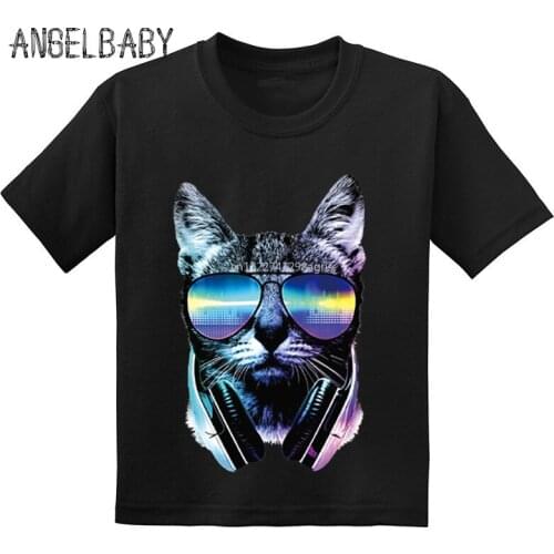 Hot Sale 3D Cool DJ Cat Kids Funny T-shirts Summer Fashion Hip Hop Cat Children Cotton Baby Clothes Boys/Girls Tops Tees,GKT204