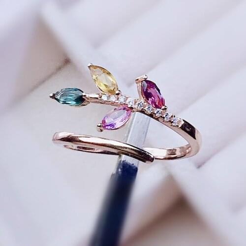 Natural real colorful tourmaline leaves resizable ring Per jewelry 0.15ct*4pcs gemstone 925 sterling silver Fine jewelry J21553