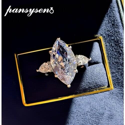 PANSYSEN 100% 925 Sterling Silver Big Marquise Cut Simulated Moissanite Diamond Gemstone Engagement Ring Cocktail Fine Jewelry
