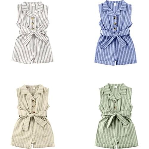 Toddler Summer Newborn Baby Boys Girls Clothes Sleeveless Sleeveless Button Sashes Striped Romper Jumpsuits One-Piece Outfit