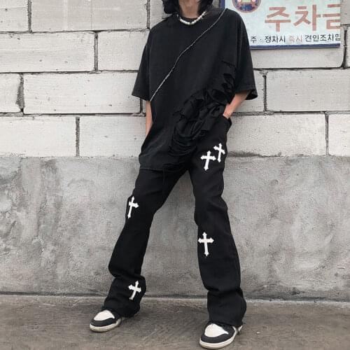 New 2021 hiphop brand printed cross overalls casual loose retro high waist trousers streetwear gothic pants for men and women
