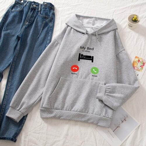 Korean Fashion Hoodie E Girl Cotton Sweatshirt My Bed Is Calling Letter Printed Womens Hoodie and Sweats Harajuku Funny Pullover