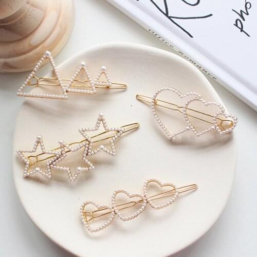 Korea Fashion Pearl Love hearted Five-pointed star Hairpin Geometric Triangle Hairpins Women Girls Hair Styling Accessories