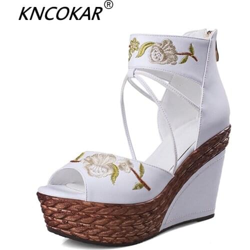 KNCOKAR Summer Sandals Thick-Soled Vintage Waterproof Weaved Heels With Ethnic Embroidery x202004