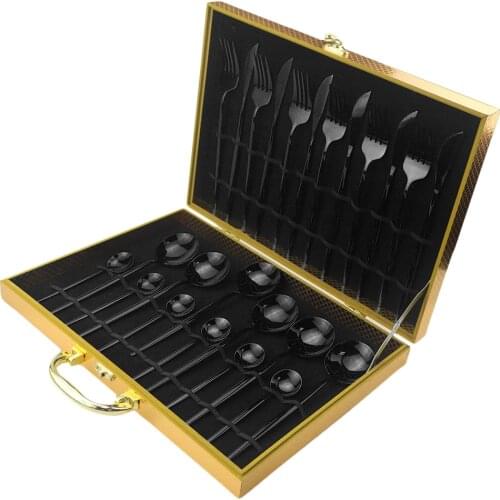 24Pcs Black Mirror Dinnerware Set Stainless Steel Tableware Set Knife Fork Coffee Spoon Luxury Flatware Cutlery Set Gift Box