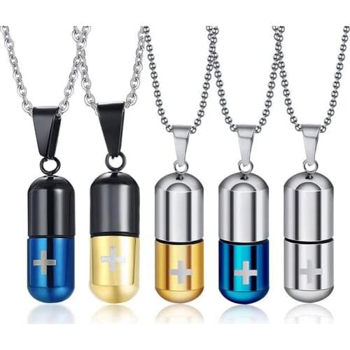 Stainless Steel Hollow Pill Case Capsule Pendant Necklace for Men Women, Cremation Urn Pendant, Cross Medicine Keepsake Jewelry