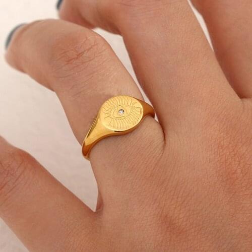 2021 New Drelicate Round Shape Zircon Paved Evil Eye Rings For Women Tranish Free Stainless Steel Minimalist Gold Eye Ring
