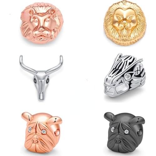 New Fashion 1piece Smooth Gold Lion Dog Deer Dragon Spacer Clip Beads Fit Brand Men Charm Bracelet For Women Jewelry DIY Gift