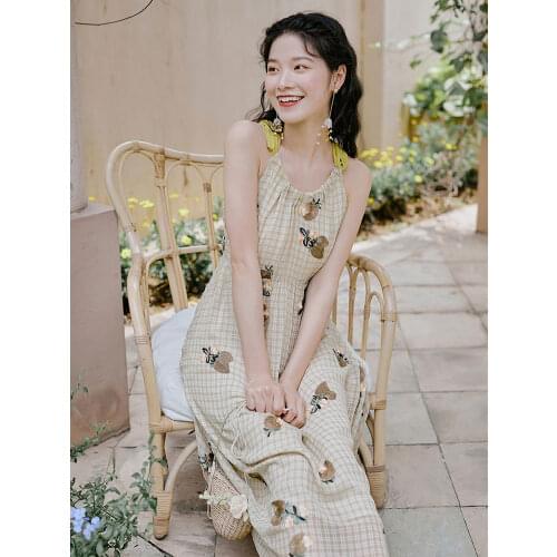 Summer New Style Womens Japanese Girl Garden Mid-Length Dress, Bohemian Strap, Leaking Back Chiffon Dress, Embroidered Dress