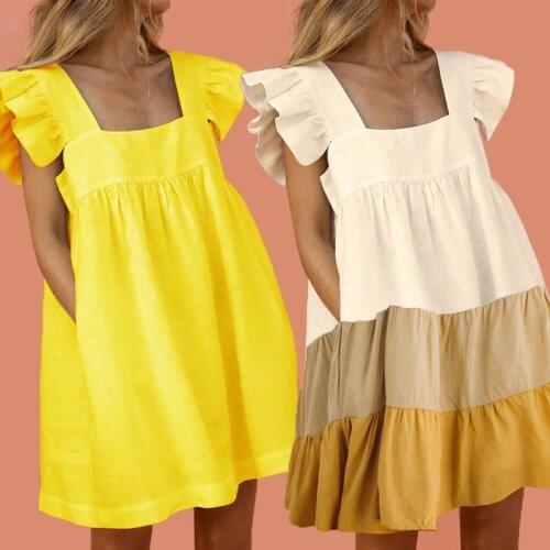 Summer Women Mini Dress Elegant Butterfly Sleeve Beach Party Dress Cute Square Collar Solid Ladies Ruffled Dresses Vestidos
