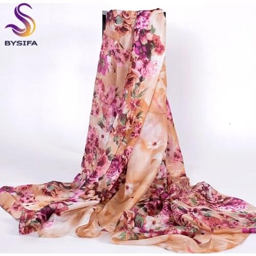 [BYSIFA] Winter Pink Ladies Shawl Silk Scarf Fashion Accessories Summer Women Beach Towel Cape 200*110cm Floral Beach Cover Ups
