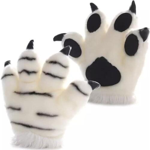Adult Kids Simulation Tiger Paw Plush Gloves Striped Fluffy Animal Stuffed Toys Padded Hand Warmer Halloween Cosplay Finger H9ED