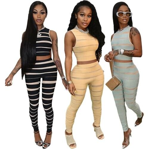 Sexy Sheer Mesh Patchwork Striped 2pcs Set Summer Sleeveless Crop Top And Long Skinny Jogger Casual Tracksuits Sportswear S-XXL