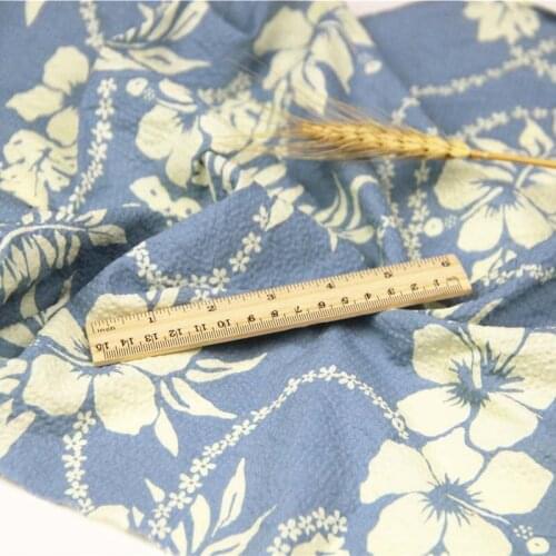 Rayon/Cotton Seersucker Light Grayish Blue Big Flowers Floral Leaves Fabrics Thin for Summer Apparel Blouse Dress handwork Craft