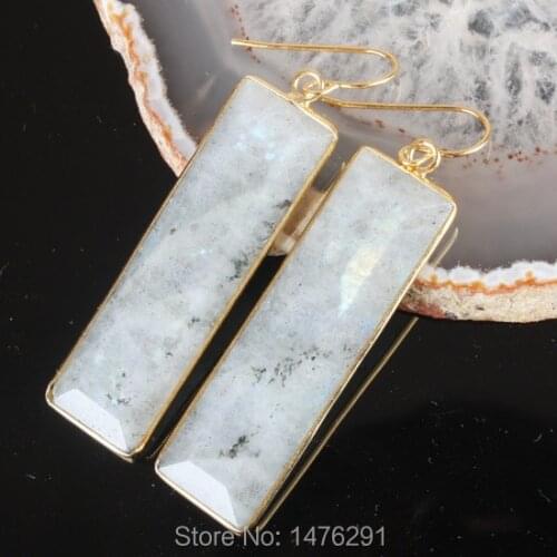 Diaphanous Natural Labradorite Rectangular Double Sided Plated Gold Beads Dangle Earrings 1Pair