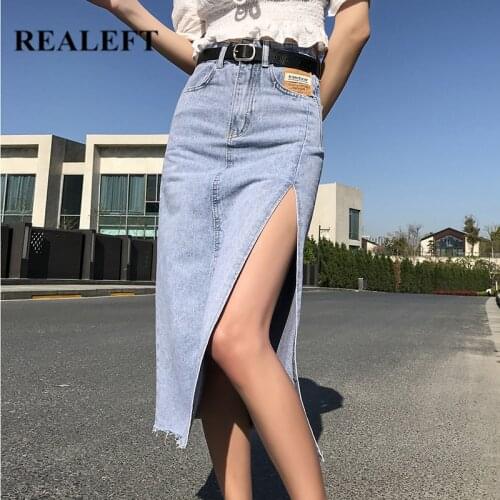 REALEFT Summer 2021 New Side Split Womens Long Denim Skirts with Belted Vintage High Wasit Straight Female A-line Jeans Skirt