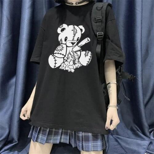 Gothic bear women T-shirt plus size punk casual 100% cotton tops Harajuku hip-hop cute short sleeve big size dark Ulzzang tops