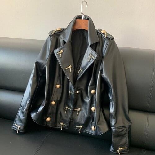 2021 Womens Jacket Sheep Skin Genuine Leather Short Coats Female Fashion Black Color Turn Down Stand Collar Female Cloth