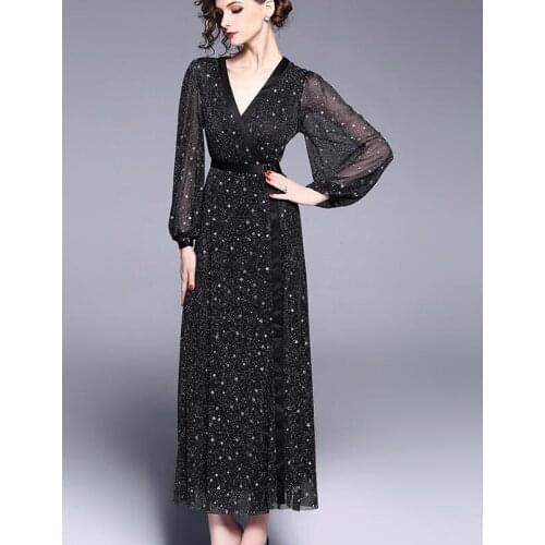 High quality 2018 Summer New Arrival V Collar Western Style Elegant Lantern Sleeve Woman Long Chiffon Dress Black