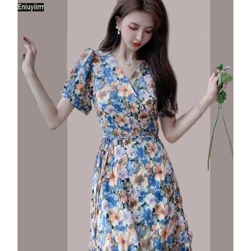 Office Lady V Neck Floral Print Vintage Dress Vestidos Hot Sales Women Summer Robe Long Dresses