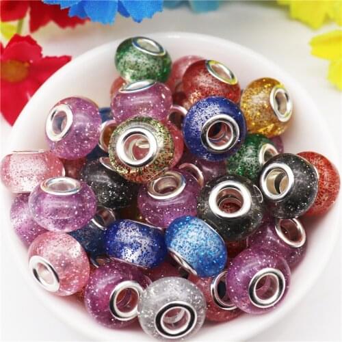 10pcs New Round Glitter Powder Big Hole European Spacer Beads Fit Pandora Women Bracelet Bangle Snake Chain Necklace DIY Jewelry