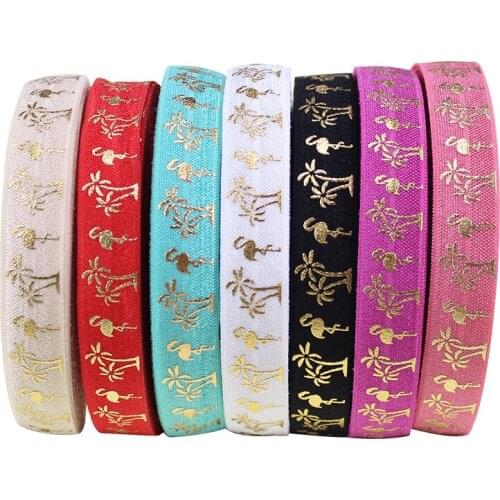 100yards/lot Gold Foil flamingo coconut palm tree FOE Ribbon Fold Over Elastic For hair ties accessories welcome custom design