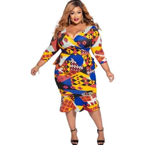 African Dresses for Women Plus Size Print Bodycon African Dress Ruffles V-neck Summer Dress Ankara Robe Vetement Femme 2020 New